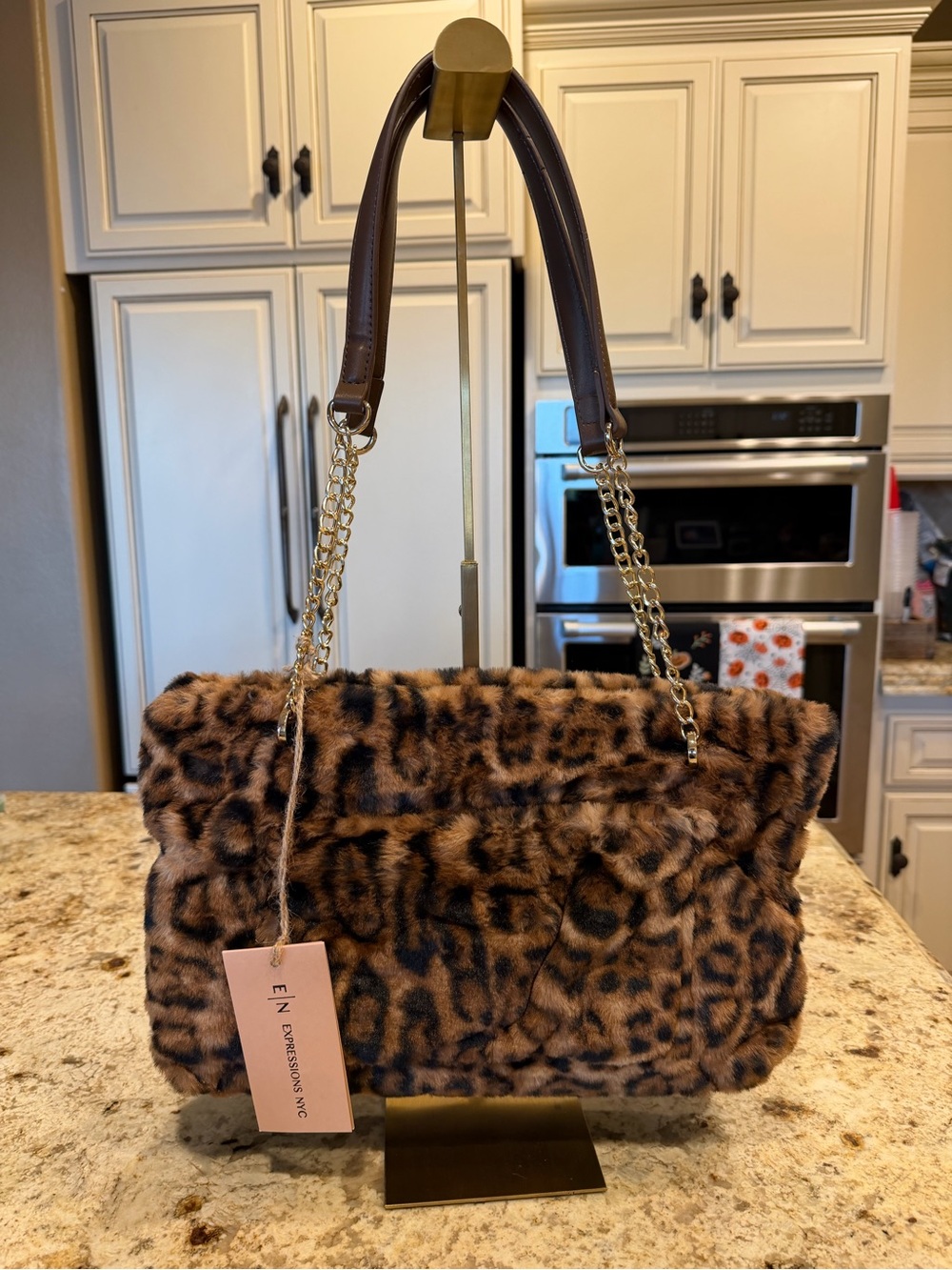 Expressions NYC Faux Fur Leopard Shoulder Bag - Brown